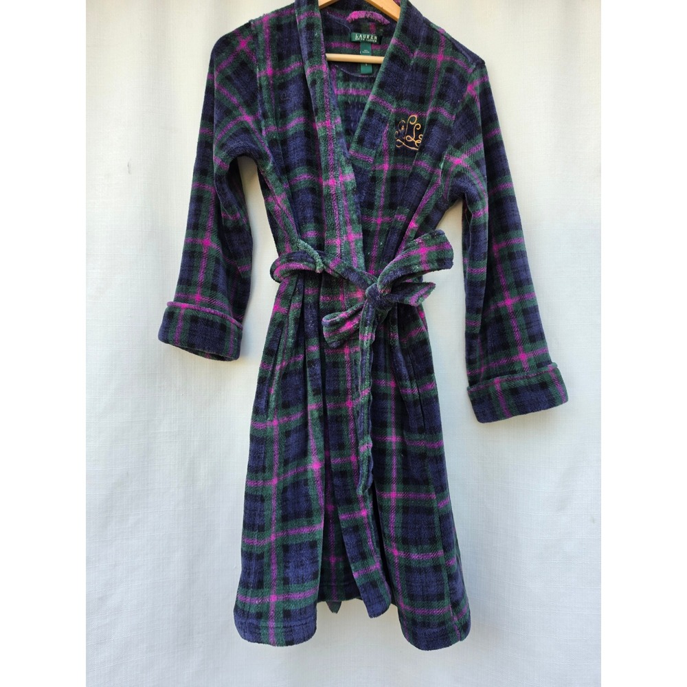 Lauren Ralph Lauren Womens Plaid Fleece Robe Purple Green Pink Monogram S Preppy